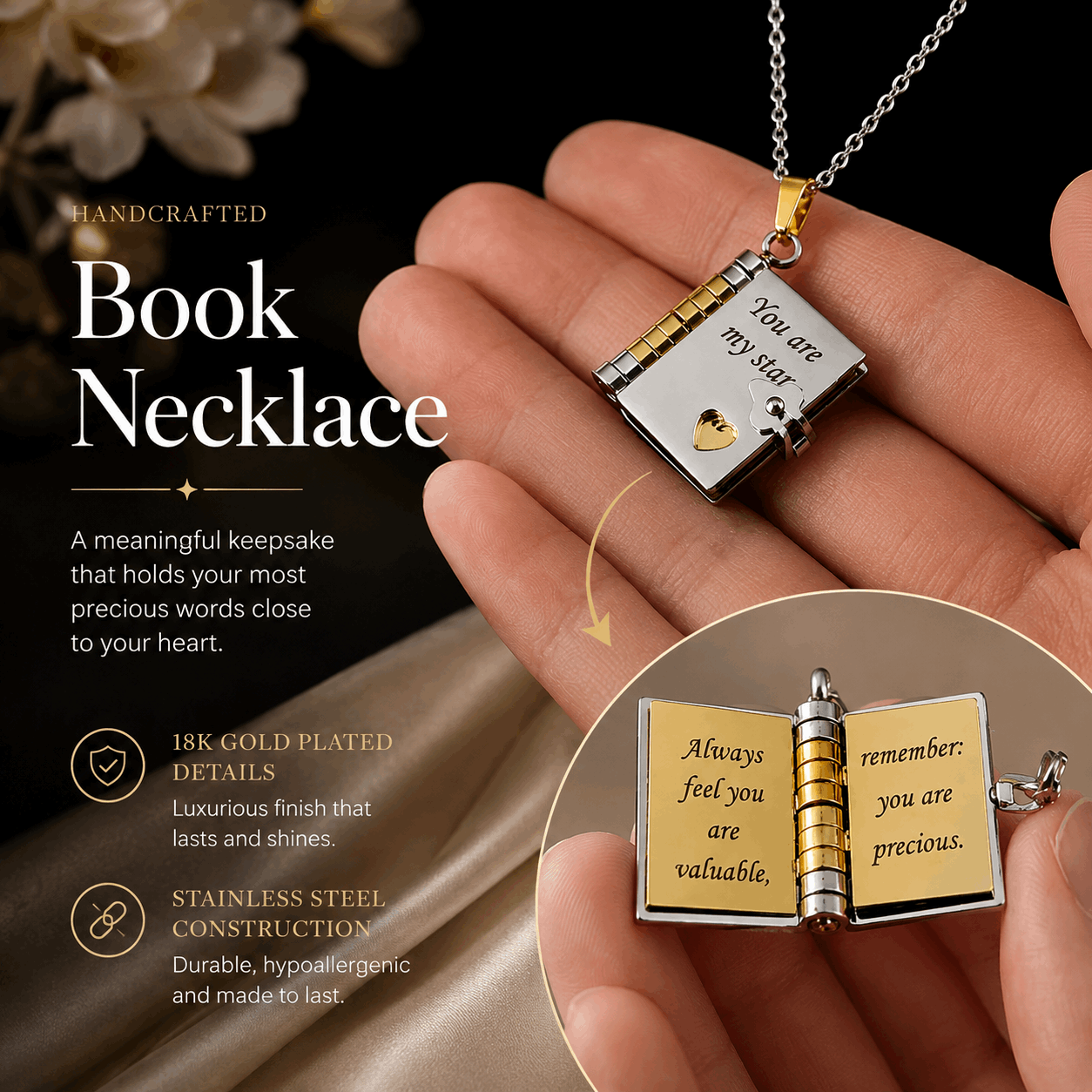 Book Necklace - Personalized Opening Book Pendant Necklace Custom Moments