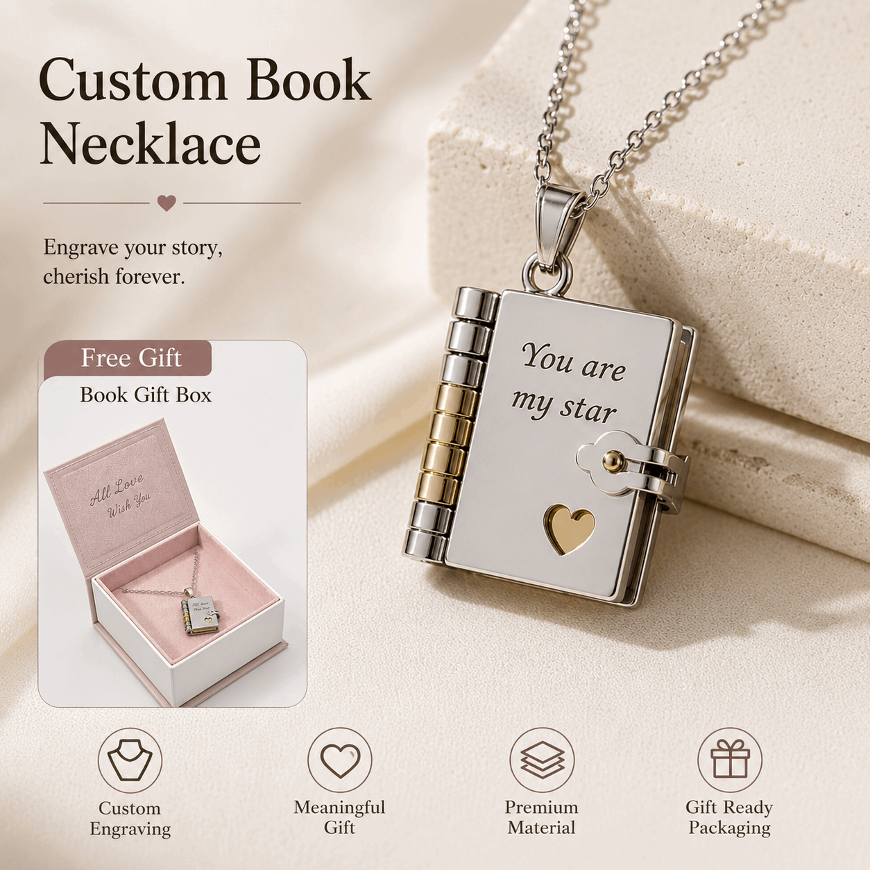 Book Necklace - Personalized Opening Book Pendant Necklace Custom Moments